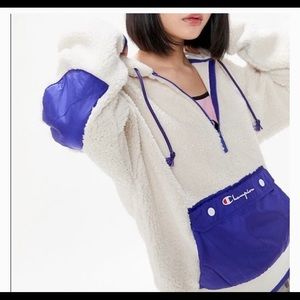 Champion Urban Outfitters beige purple Sherpa hoodie, size XL